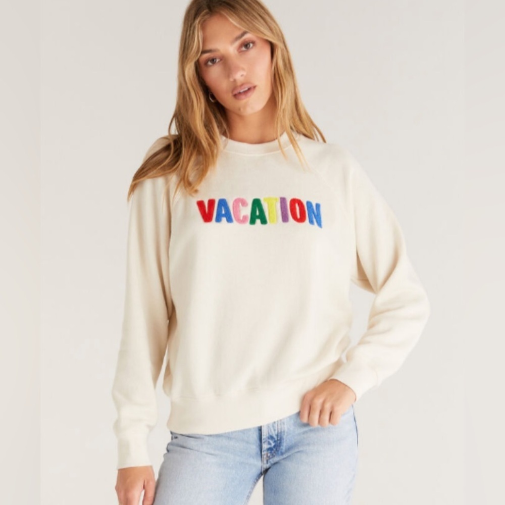 Z Supply Cream Sweater with Multicolor 'Vacation' Design Small